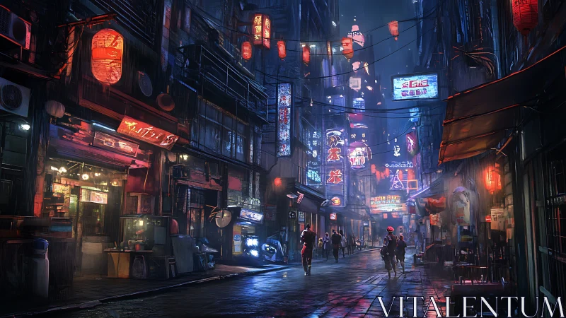 Neon alley nightlife glows under rainy cyberpunk skies.