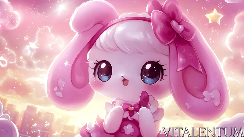 Pink cartoon bunny character in pastel city sky scene.