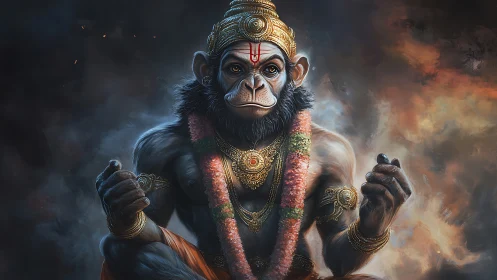 Monkey-headed deity figure sits frontally in smoky backdrop