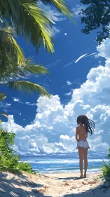 Solitary girl surveying tropical shoreline under towering cumulus
