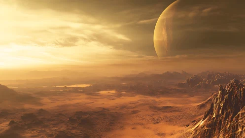 Golden alien desert under looming ringed planet horizon.