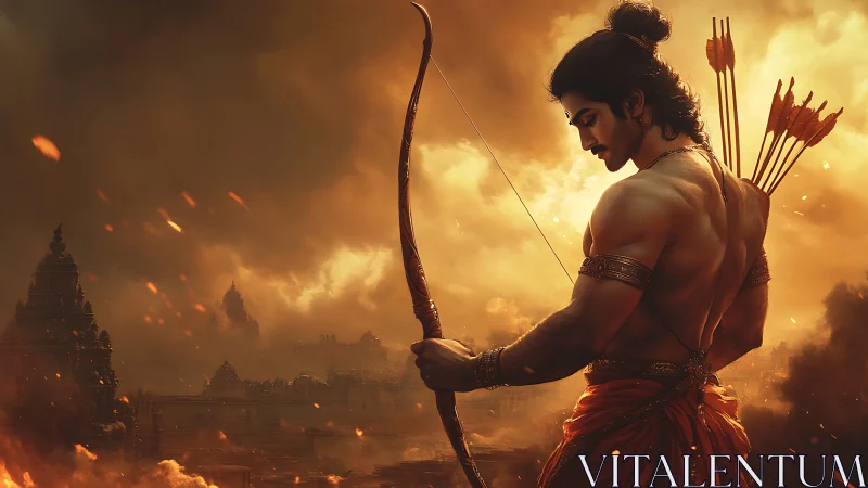 Warrior archer with bow before burning ancient city skyline.