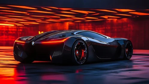 Futuristic BMW concept supercar under neon red tunnel lighting.