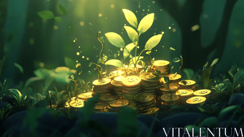Golden forest coins nurturing bright growing leaves of hope.
