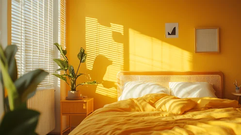 Bright yellow bedroom with sunlight and indoor plants.