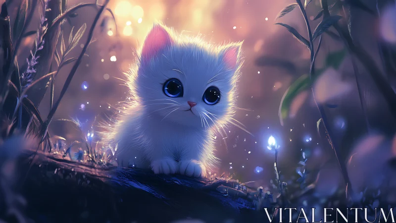Enchanted White Kitten in a Magical Forest Glow.