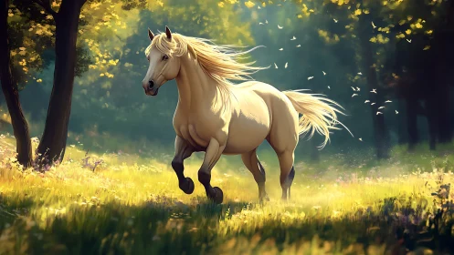 Golden stallion charges through sunlit forest meadow.