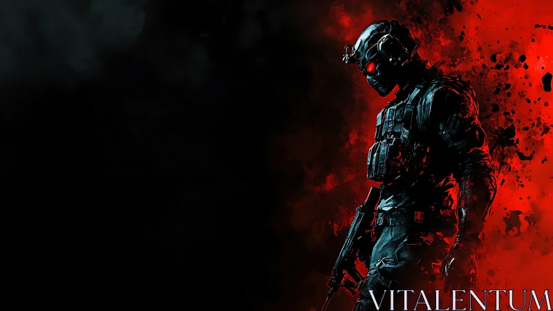 Shadow commando strides through splintered crimson smoke.