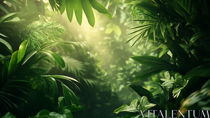 Lush jungle foliage backlit by golden sunlight filtering through canopy
