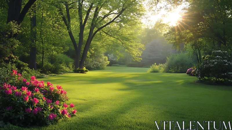 Sunlit lawn hush under blooming pink woodland guardians.