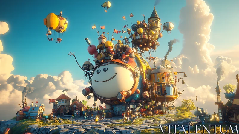 Whimsical spherical robot city rolls through bright cloudy sky