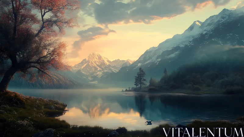 Mountain lake reflects snowy peaks at soft sunrise light