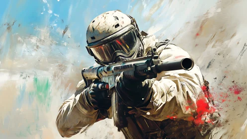 Soldier in tactical gear aiming rifle in abstract setting.