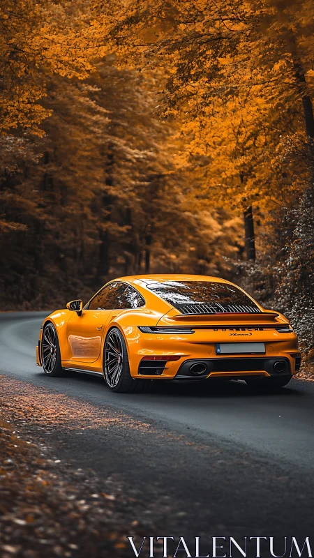 Yellow sports coupe curves through vivid autumn forest road.