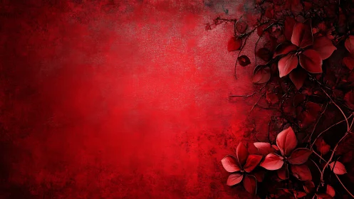 Deep red floral background with dark vines and petals.