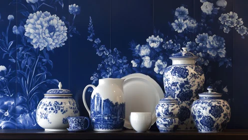 Blue and white porcelain vases align before floral mural