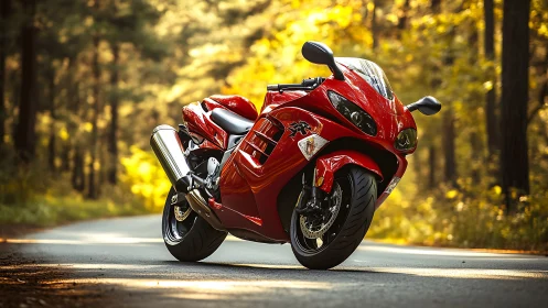 Red sport motorcycle on forest road in late daylight conditions.