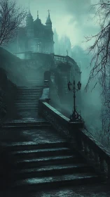 Fog-drenched gothic staircase ascends toward decayed hilltop manor
