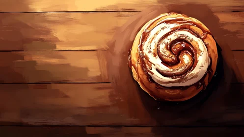 Cinnamon Roll on Wooden Surface: Painted Still Life Study.