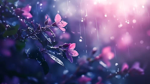 Rainlit orchid whispers in neon dusk garden glow.