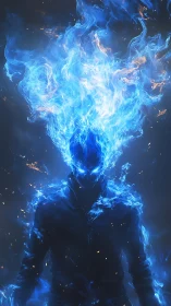 Midnight firewalker crowned in ghost-blue inferno.