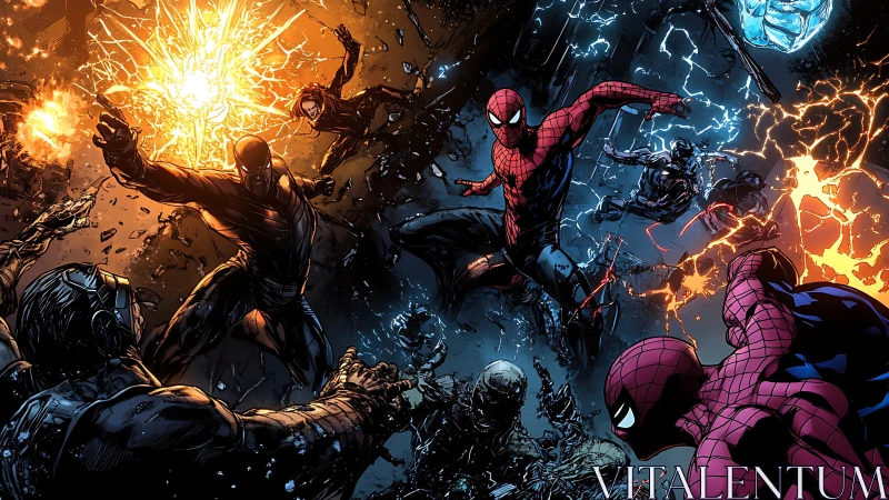 Dynamic comic battle composition emphasizes kinetic lighting effects