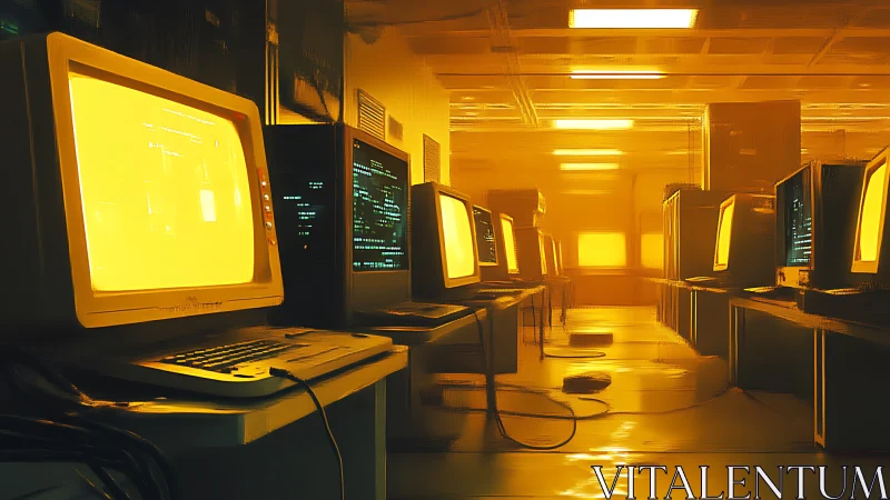 Retro cyberpunk terminal array in atmospheric orange glow.