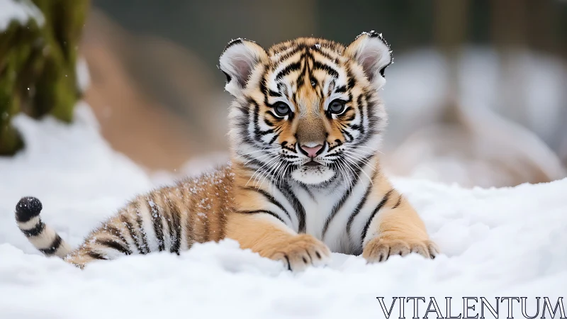 Snow-kissed tiger cub lounging in a quiet winter dream.