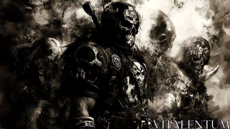 Skull masked armored figures in monochrome combat formation.