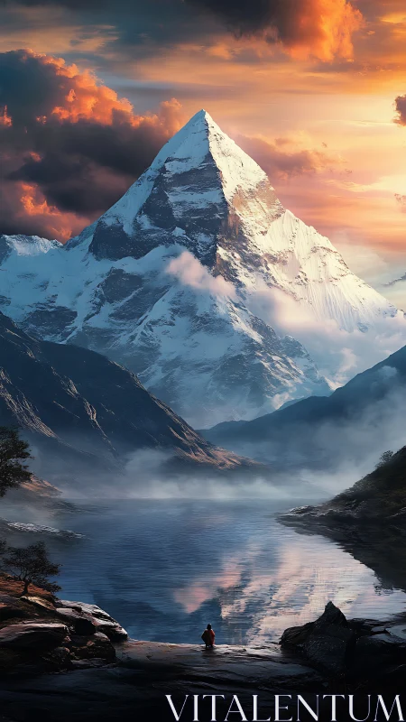 Snow peak over tranquil lake at dramatic sunrise sky.