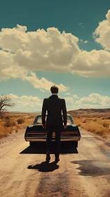 Photorealistic desert road portrait with suited figure and car.