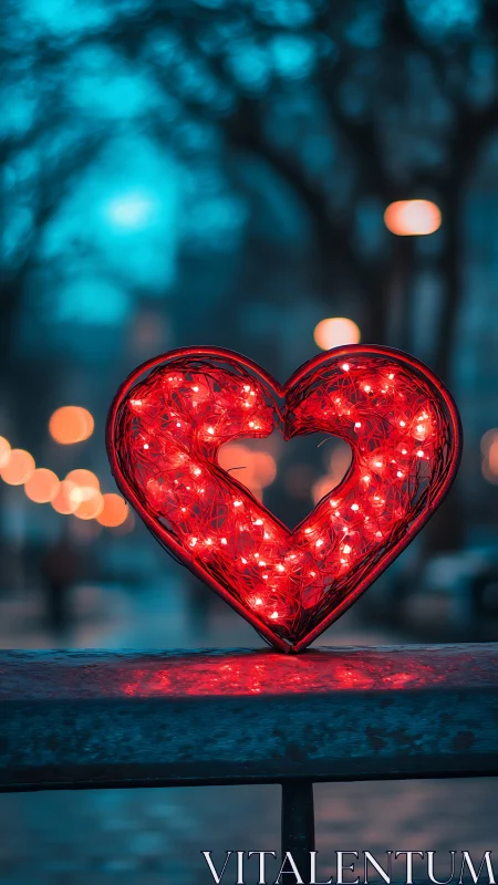 Luminescent Heart Neon: Red LED Light Installation Against Urban Dusk.