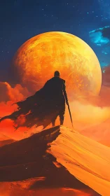 Lone desert warrior before blazing planetary horizon.