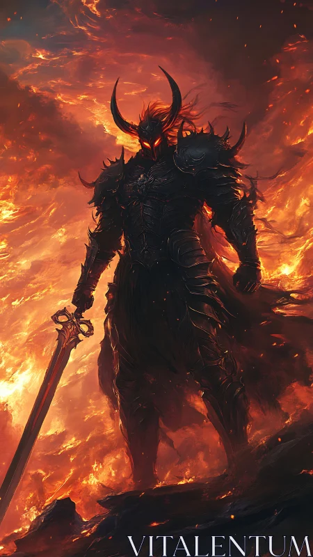 Armored horned figure with sword in surrounding firestorm.