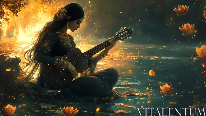 Riverlit goddess strumming twilight hymns on molten water.