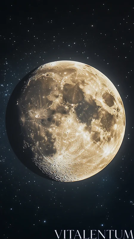 Luminous full moon emerging from deep star-filled void.