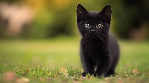 Black Kitten Stares Forward with Luminous Eyes. Green Blur.