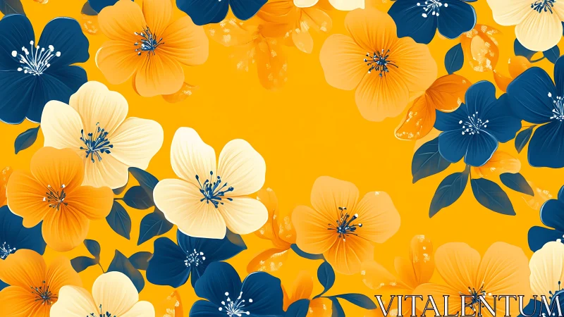 Bright Floral Pattern with Orange, White and Navy Blooms