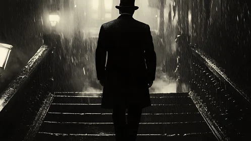Man in coat on wet city stairs at night in rain.