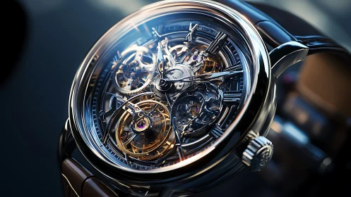 Photorealistic skeleton tourbillon watch with luminous micro-mechanics.