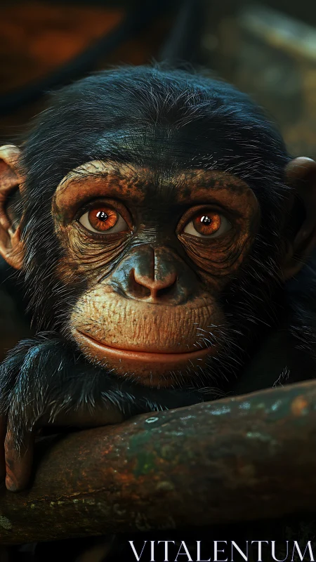 Young chimpanzee close-up with detailed amber eyes.