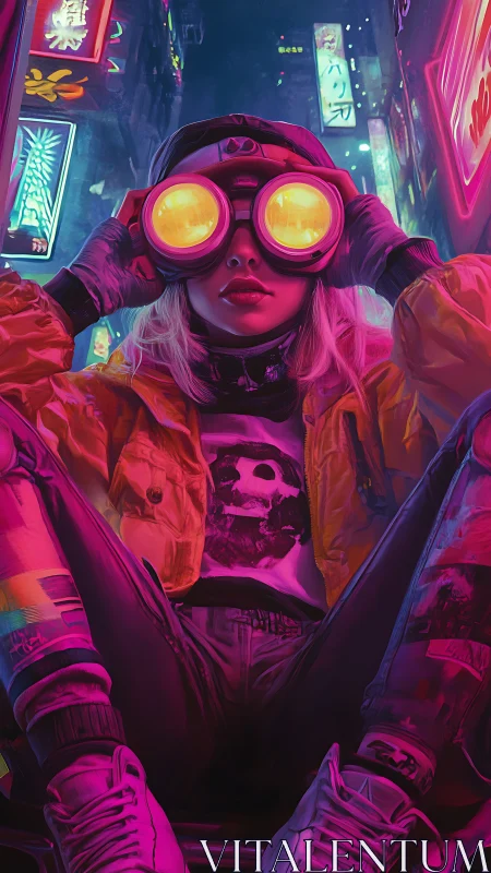 Cyberpunk figure with goggles in neon urban alleyway.