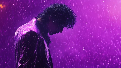 Silhouetted singer bows in neon purple rainlit spotlight