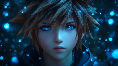 Starlit boy with electric eyes in midnight snowfall.