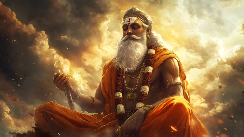 Seated elder ascetic occupies central frame amid luminous clouds