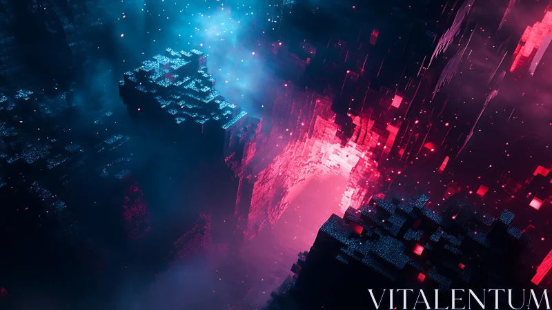 Neon data chasms collide in a glowing cubic stormscape.