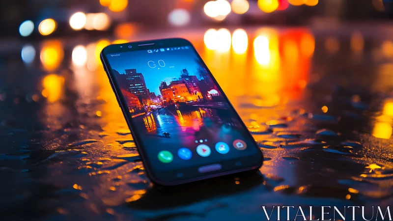 Nighttime Smartphone Display: Bokeh Ambient Lighting with Urban Waterfront Wallpaper