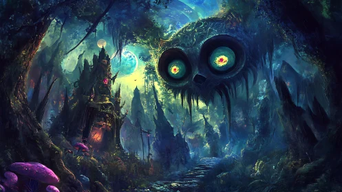 Haunted bioluminescent forest under looming spectral owl face.