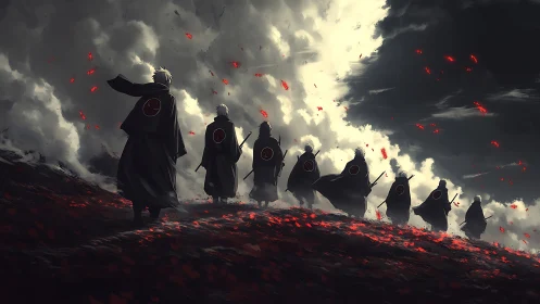 Warriors advancing through crimson storm on dark ridge.