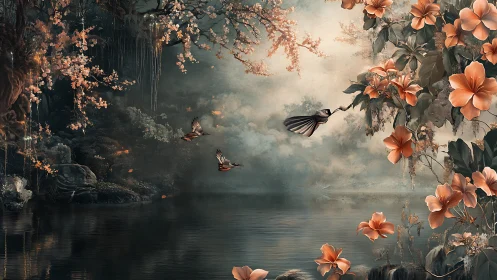 Birds glide above misty lake framed by blooming trees